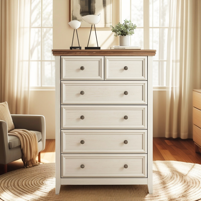 6 Drawer Dresser In Distressed Beige Vintage American Style